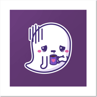 Tired kawaii ghost with coffee cup - white outline Posters and Art